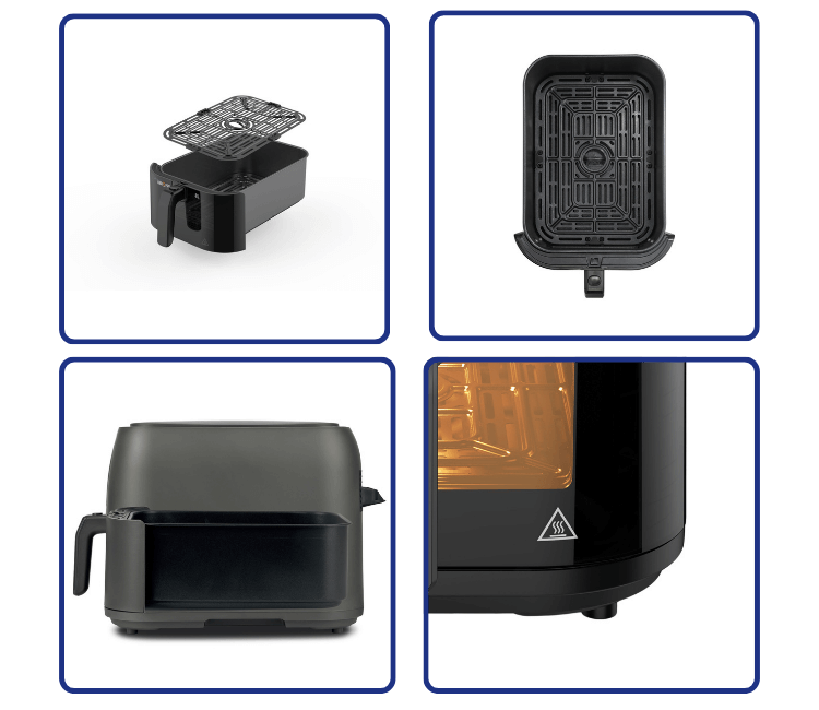 Air fryer basket pulled out of the Black+Decker SAF80W-B5, showing golden-brown, crispy chicken and chips cooked with zero added oil for a healthier meal.