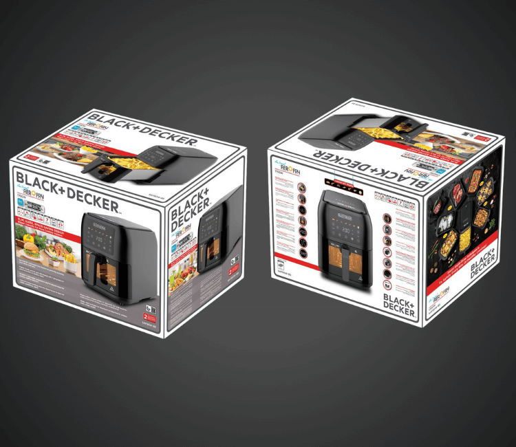 The Black+Decker SAF80W-B5 Slim Air Fryer product packaging, showing the full model details and key features for buyer confidence.