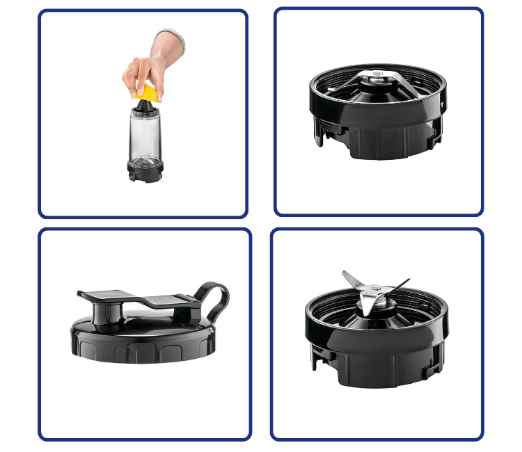 The Black+Decker SBX300BCG-B5 grinder attachment processing coffee beans or spices, and the citrus juicer attachment making fresh orange juice.