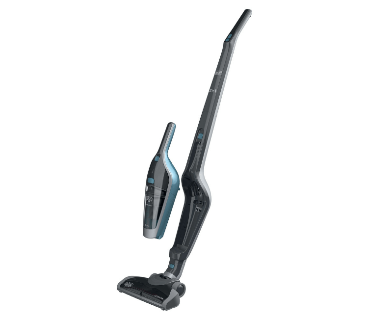 Black+Decker SVA420B-B5 Cordless 2-in-1 Stick Vacuum, blue and white, showcasing the lightweight design for effortless cleaning of hard floors and carpets.