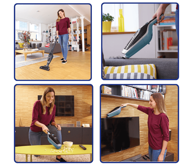 A person easily pushing the Black+Decker SVA420B-B5 Cordless Stick Vacuum on a hard floor or low-pile rug, demonstrating superior maneuverability.