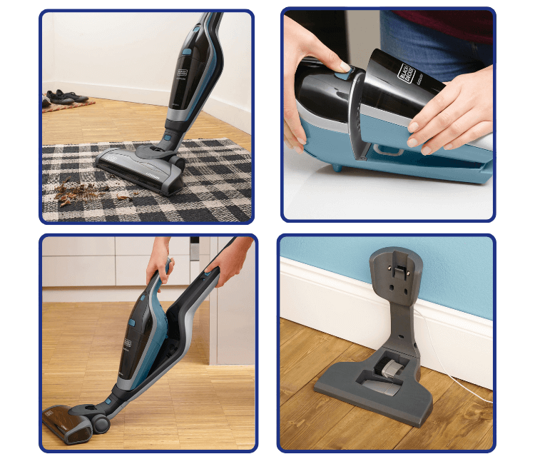 Black+Decker SVA420B-B5 cordless vacuum charging on its wall-mountable base, highlighting compact storage and an always-ready battery.