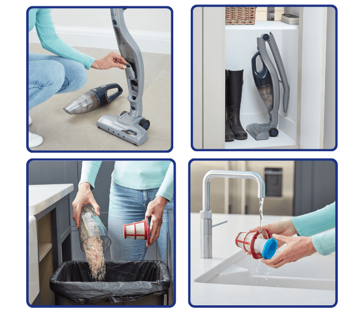Using the handheld Black+Decker SVB520JW-B5 attachment to clean dust and pet hair from a couch or car interior, emphasizing targeted spot cleaning.