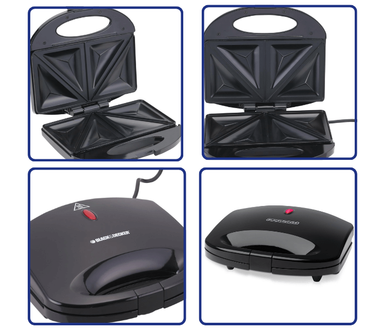 Black+Decker TS1000-B5 Sandwich Toaster open, displaying the non-stick plates and perfectly sealed, easy-to-clean heating surfaces.