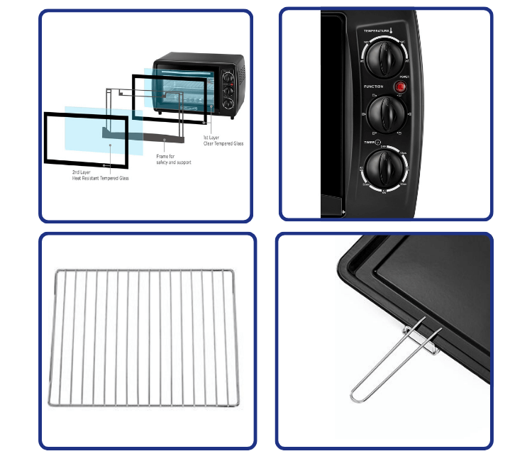Close-up of the Double Glass door on the Black+Decker TRO19RDG-B5, illustrating superior insulation, reduced heat loss, and energy saving.