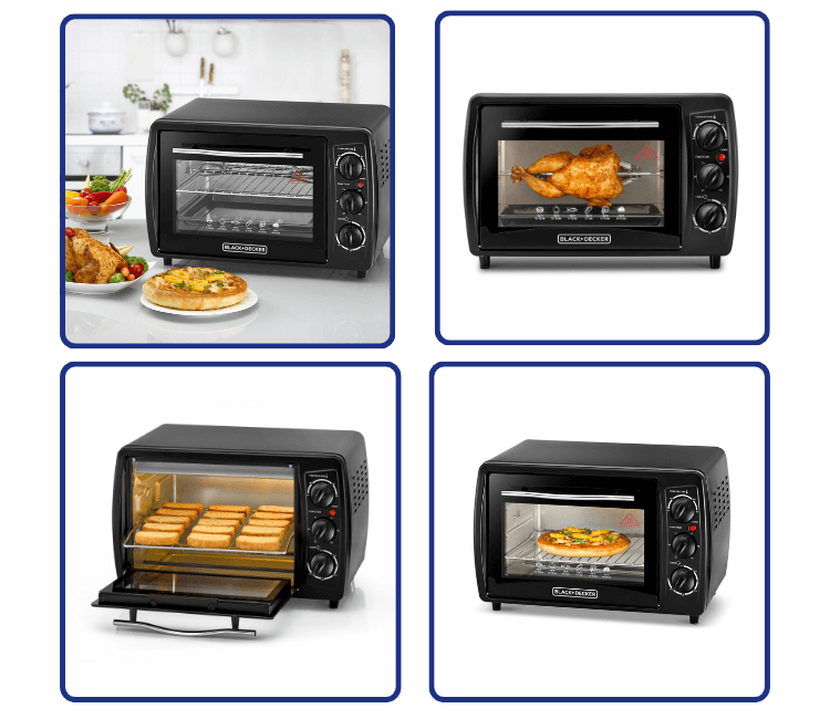 Control panel close-up on the Black+Decker TRO19RDG-B5, showing the temperature, function (Bake, Broil, Toast), and 60-minute timer settings.