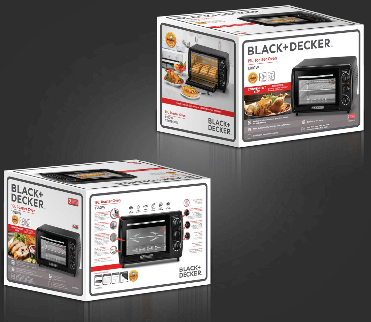 The authentic Black+Decker TRO19RDG-B5 Toaster Oven in its original product packaging, confirming brand warranty and contents.