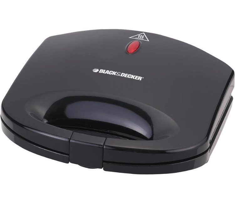 Black+Decker TS1000-B5 2-Slice Sandwich Maker, black, compact design for quick breakfast and easy vertical storage.