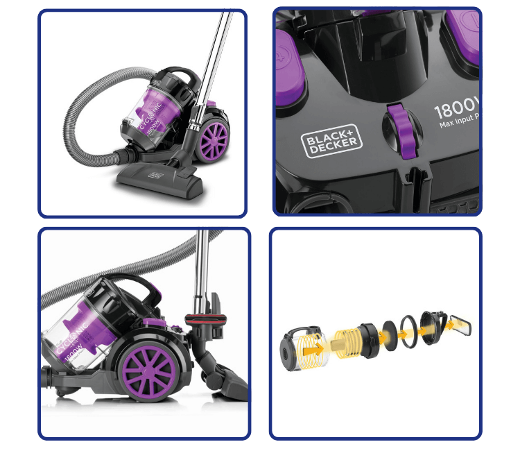 Black+Decker VM1880-B5 vacuum cleaner multi-cyclonic filtration system, designed with a powerful 1800W motor for consistent, deep-cleaning suction.