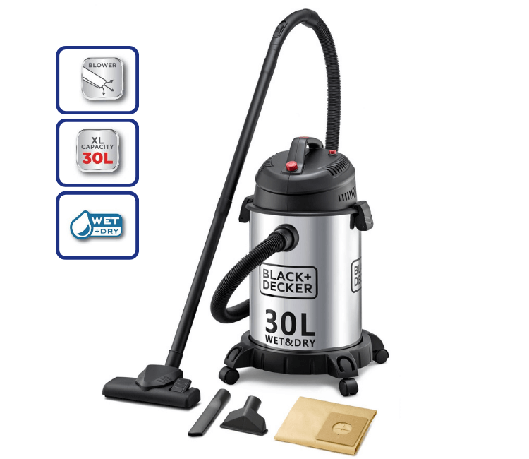 Black+Decker WV1450-B5 Wet & Dry Vacuum Cleaner, a powerful 1450W multipurpose floor cleaner for dust, liquid spills, and heavy debris.