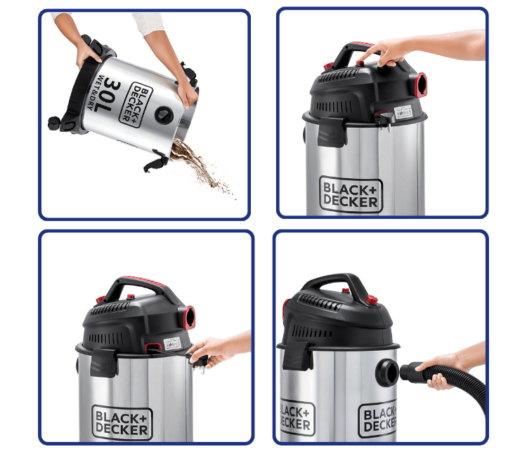 Black+Decker WV1450-B5 Dry Vacuum with crevice tool cleaning fine construction dust and heavy dirt from a hard-to-reach corner.