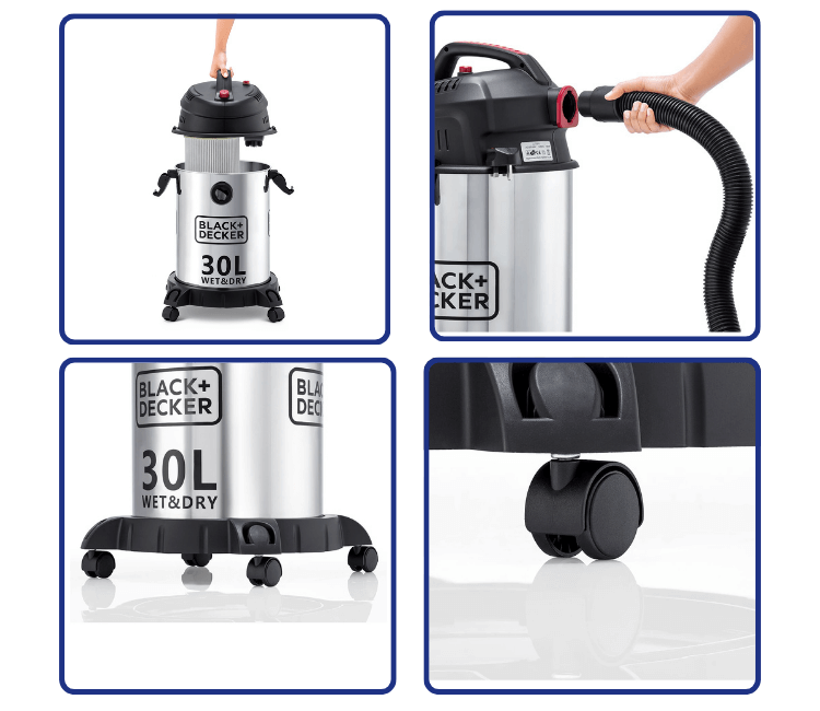 Black+Decker WV1450-B5 multi-function vacuum cleaner utilizing its powerful Blower Function to clear debris from a patio or walkway.