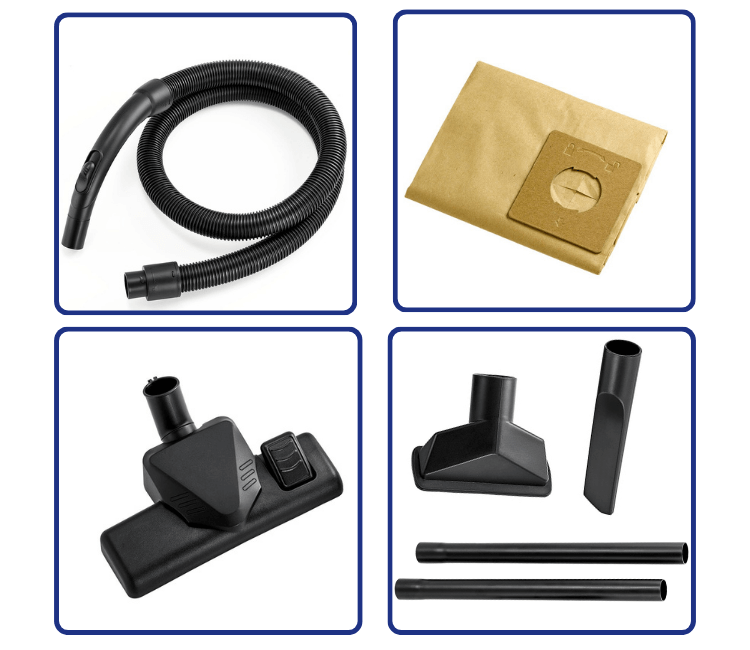 A complete set of Black+Decker WV1450-B5 Wet & Dry Vacuum accessories, including floor brush, crevice tool, and upholstery nozzle for multi-surface cleaning.