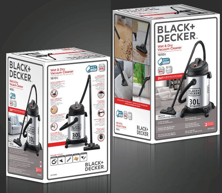 Close-up showing the Black+Decker WV1450-B5 large capacity tank being easily detached for quick and mess-free disposal of wet or dry debris.