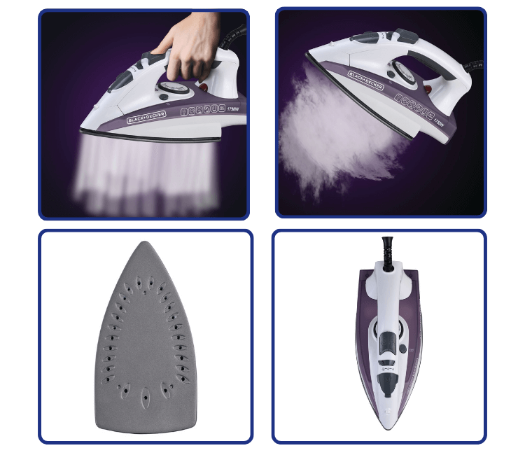 Close-up of the Black+Decker X1750-B5 iron's non-stick soleplate, ensuring smooth gliding and preventing snags on delicate and heavy fabrics.