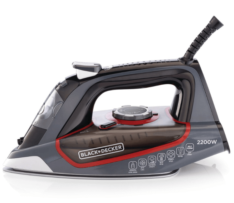 Black+Decker X2050-B5 Ceramic Steam Iron, 2200W, in black and white, featuring self-clean and anti-drip functionality.