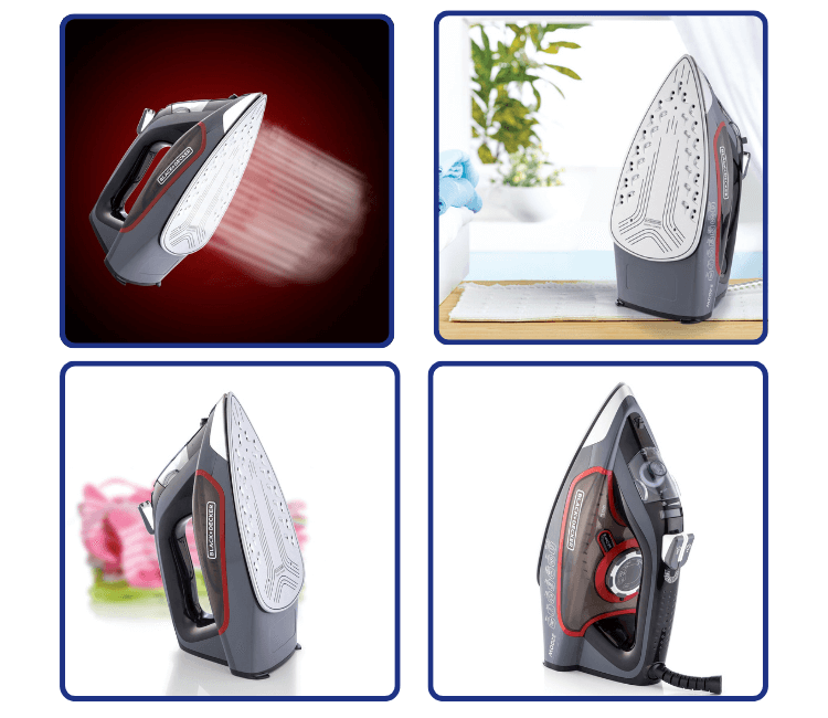 A person quickly removing wrinkles from a shirt using the Black+Decker X2050-B5 steam iron, showcasing its vertical steam and quick heat-up.