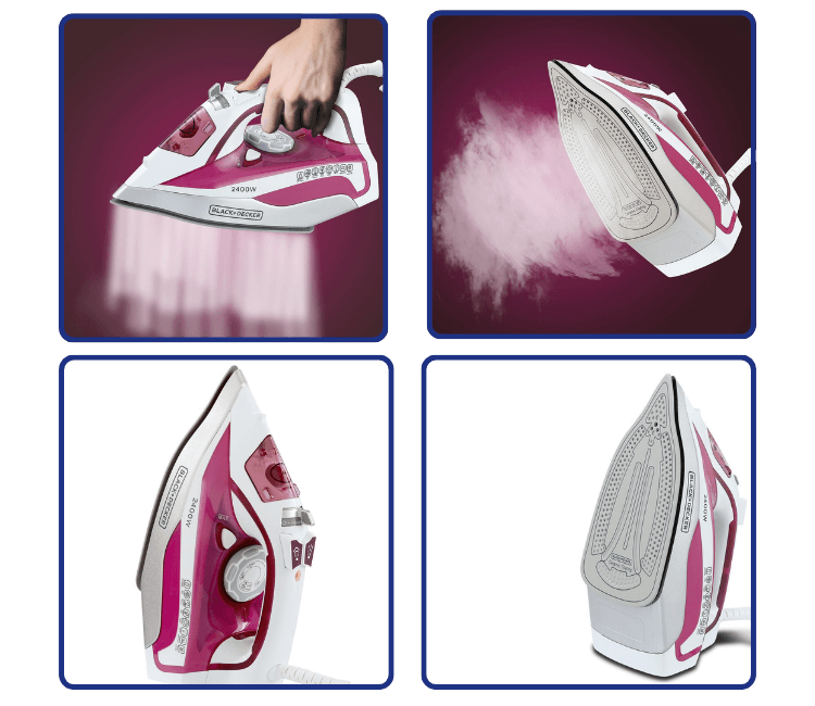 Black+Decker X2400-B5 iron water tank and Anti-Calc feature, highlighting the self-clean system for maintenance and hard water areas in Africa.