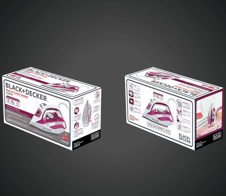 Black+Decker X2400-B5 steam iron, showcasing the perfect, crease-free results on a hanging garment.