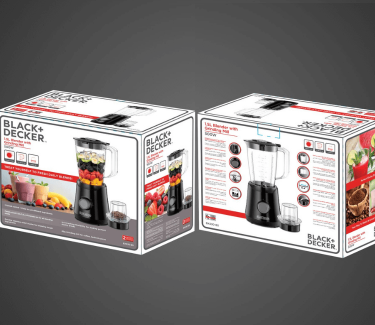 All parts of Black+Decker BX530-B5 500W Blender: base, 1.5L jug, stainless steel blades, and grinder mill. Easy to clean.