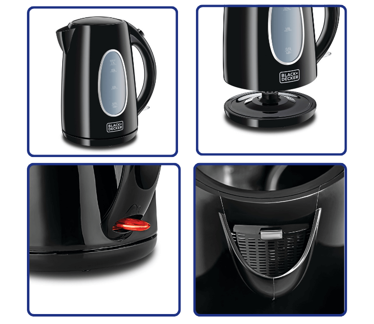 Black+Decker JC69-B5 black electric kettle in use, showcasing the water level indicator and boil-dry protection for maximum safety.