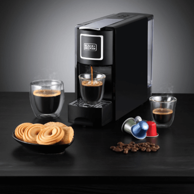 Front view of BLACK+DECKER CCM100-B5 capsule coffee maker, designed for modern kitchens in Africa.